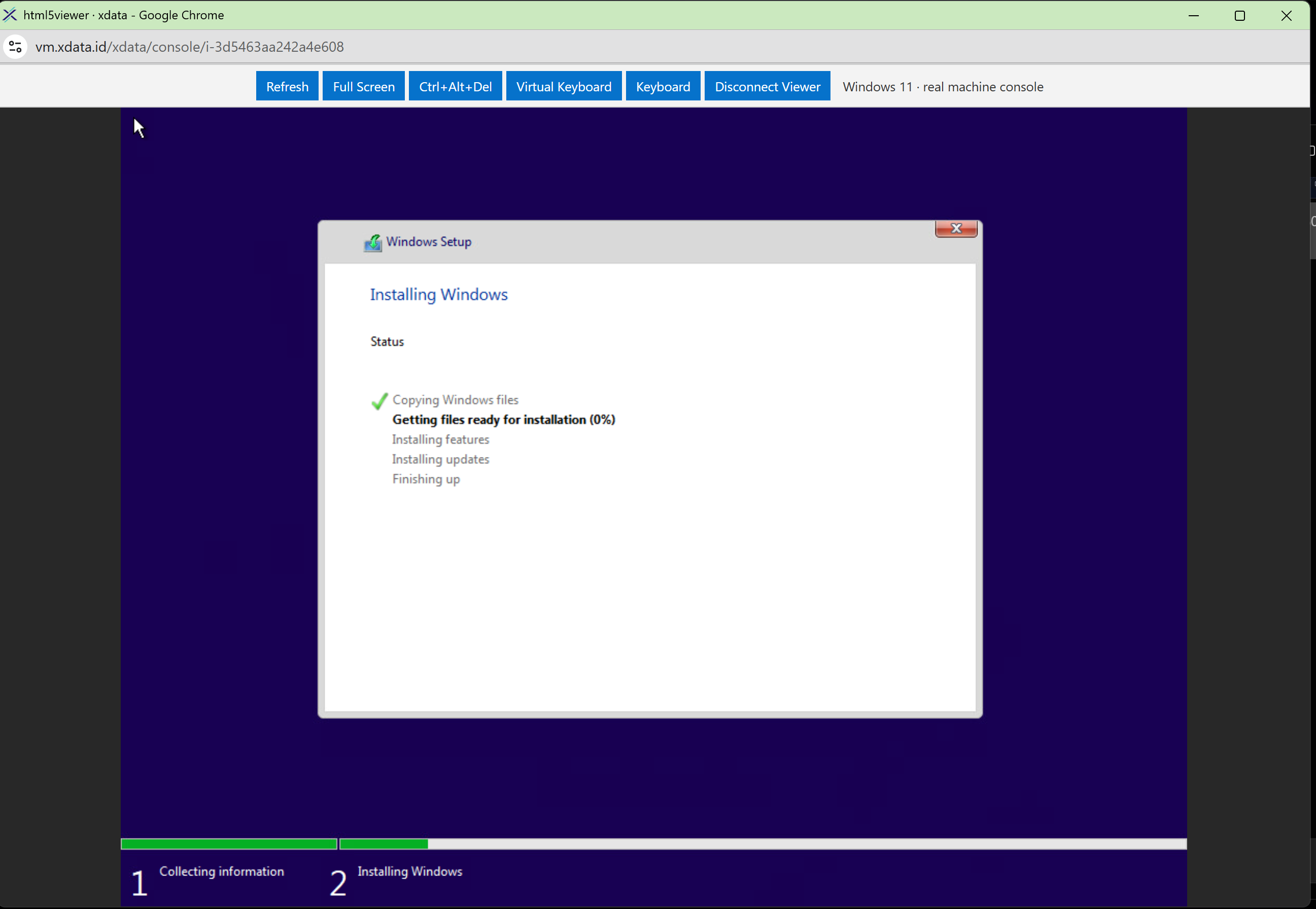 Windows 11 installing in the vm.xdata.id browser console