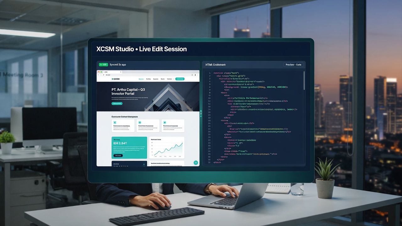Live HTML editor on the XCSM dashboard updating a website in realtime