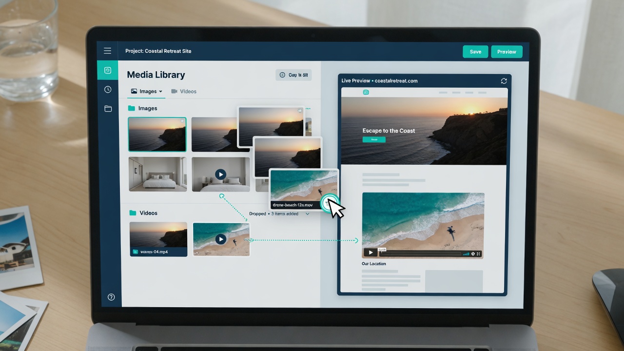 Upload images and video into the live editor and see them on the website immediately
