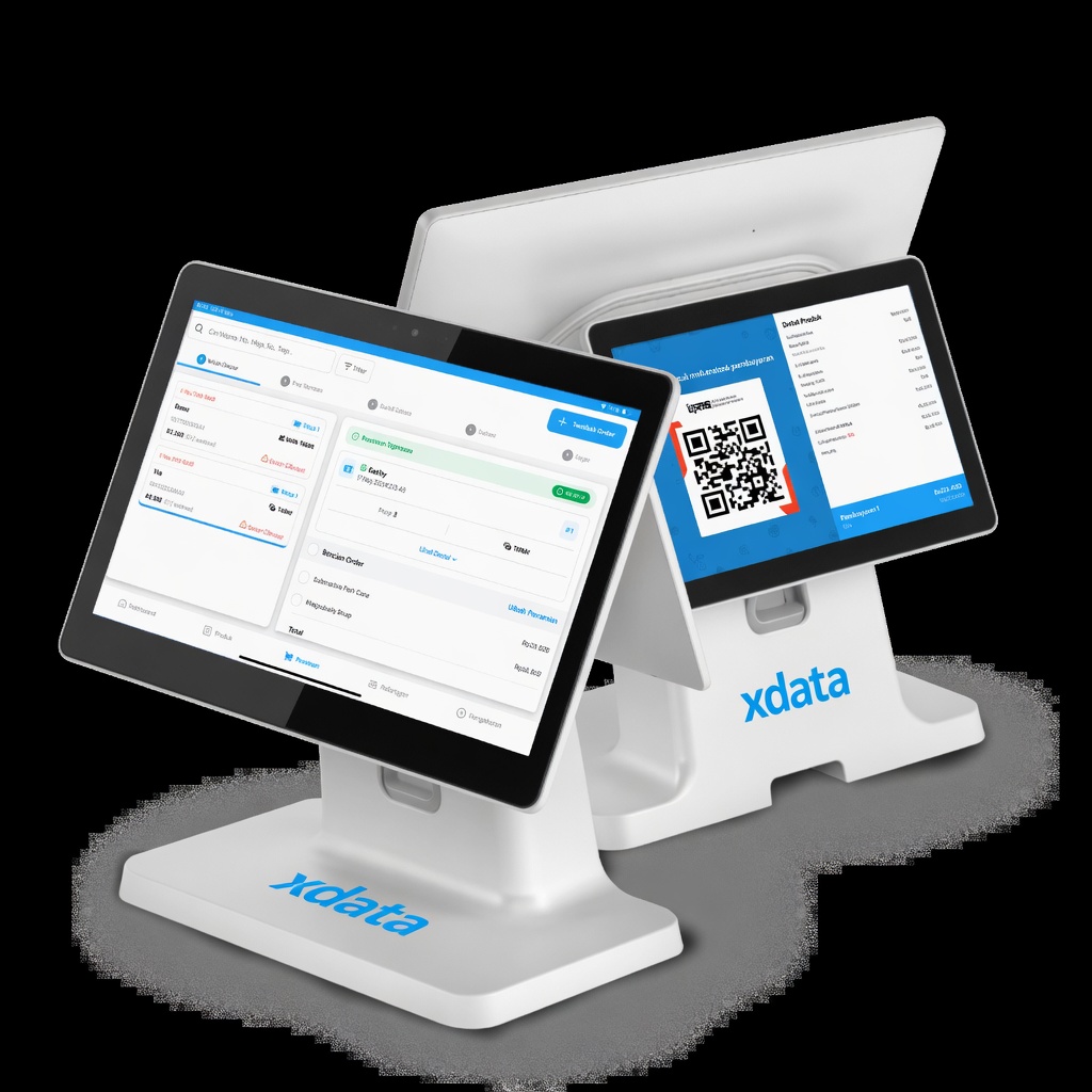 Two Android tablets: cashier POS and customer QRIS, branded xdata