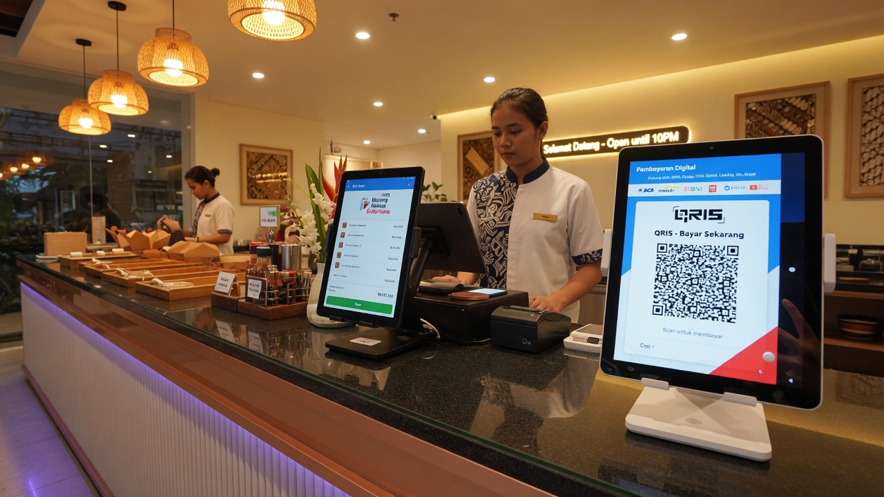 Professional restaurant counter with POS and QRIS tablets