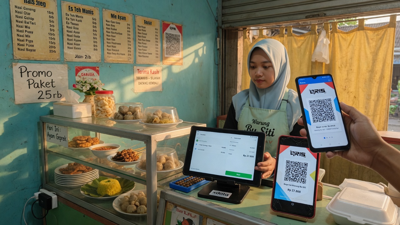 UMKM warung using a tablet POS and live QRIS