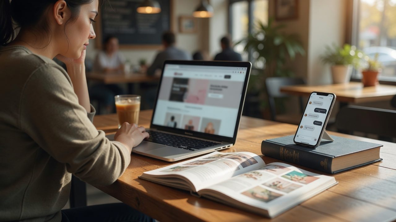 A catalog, a book, and a phone answering beside a laptop