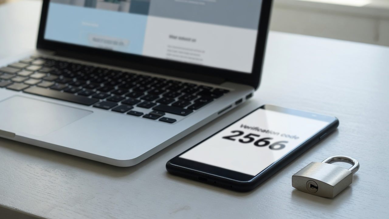 A laptop, a phone, and a padlock for a one-time password