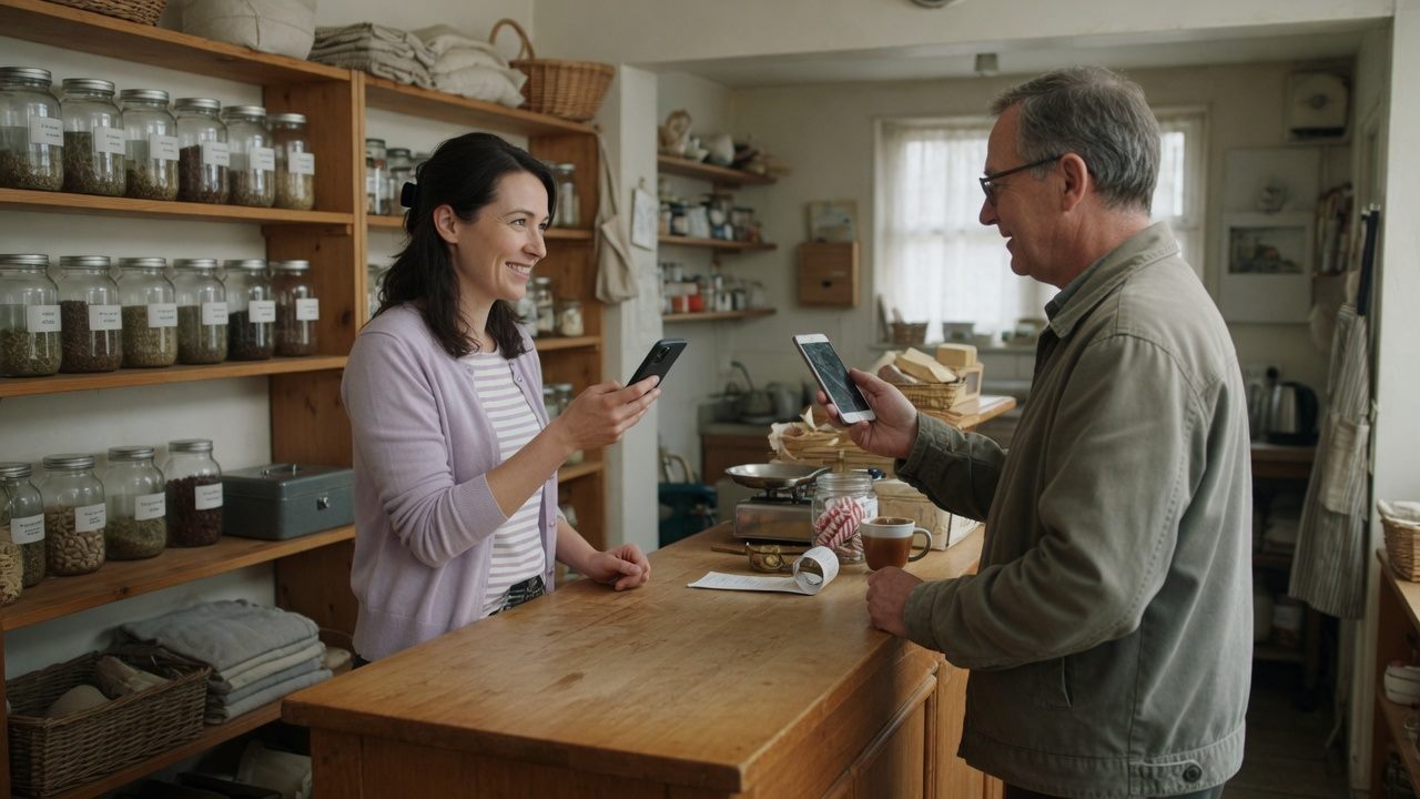 A shop owner talking with a customer, each holding a phone